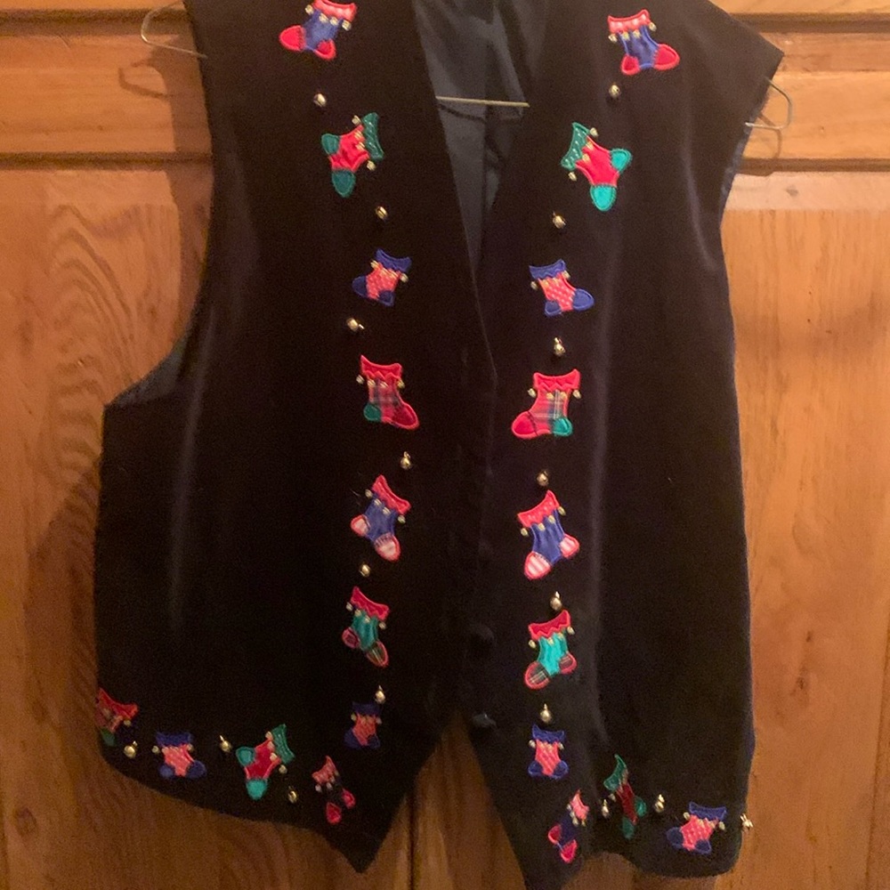 nice black vest with  christmas  stockings down both side  large